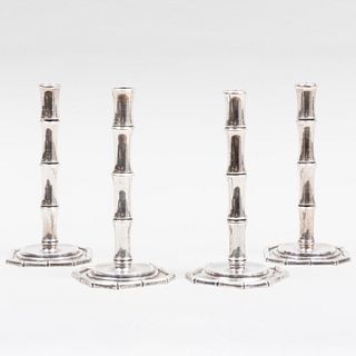 Set of Four Van Day Truex for Tiffany & Co. Silver Faux Bamboo Candlesticks