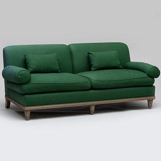 Modern Carved Oak and Green Linen Upholstered Sofa, after a model by Jean Michel Frank