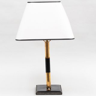 Brass and Leather Desk Lamp with Custom Shade, attributed to Jacques Adnet