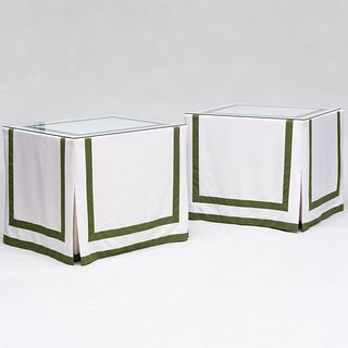Pair of Custom Skirted Tables with Glass Tops, designed by Steven Gambrel, after Billy Haines