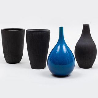 Group of Three Dagnaes Keramik Pottery Vessels and a Carl-Harry Stalhane for Rarstrand Blue Glazed Porcelain Vase