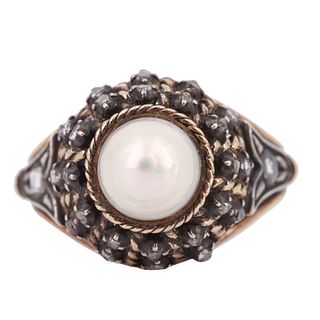 Antique 18k Gold & Silver Ring with Diamonds & Pearl