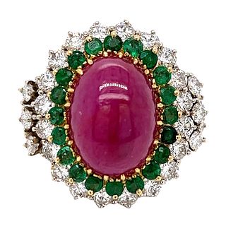 18K White Gold Ruby, Diamond, and Emerald Ring