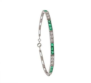 French Art Deco Bracelet in Platinum with 3.32 Cts in Emerald & Diamonds