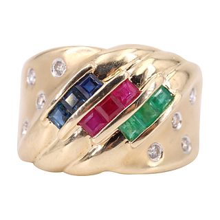 Multicolor gemstones & Diamonds 14k yellow Gold Ring