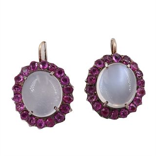 Pink Sapphires & moonstones 14k Gold earrings