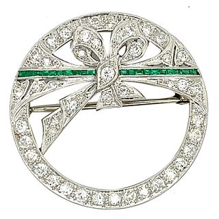 Art Deco Platinum Diamond & Emerald Brooch