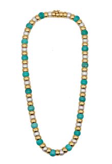 Cartier Paris Necklace In 18K Gold With Turquoises & Pearls