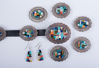 Navajo Silver Concha Belt & Earrings Set