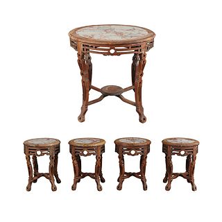 Chinese Round Table & 4 Stools w/ Marble Inserts