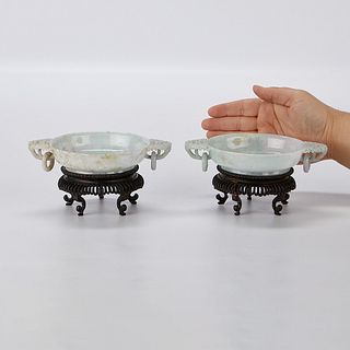 Pr Chinese Lavender & Celadon Jade Bowls w/ Stands
