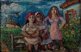 BURLIUK, David. Oil on Wood Panel. Three Women in