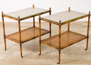 Fruitwood Two-Tier Caned End Tables Pair
