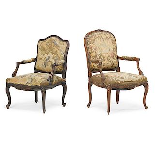 ASSOCIATED PAIR OF LOUIS XV STYLE WALNUT ARMCHAIRS