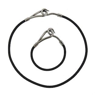 Hermes Silver Tone Metal Leather Hook Bracelet Necklace Set