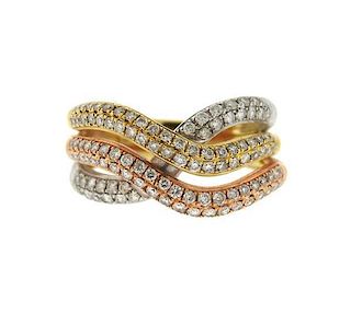 14k Tri Color Gold Diamond Wave Motif Ring