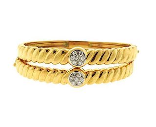 18k Gold Diamond Bangle Bracelet Set of 2