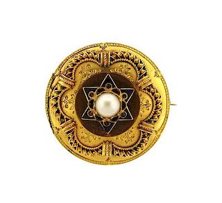 Antique 18k Gold Pearl Enamel Brooch Pin