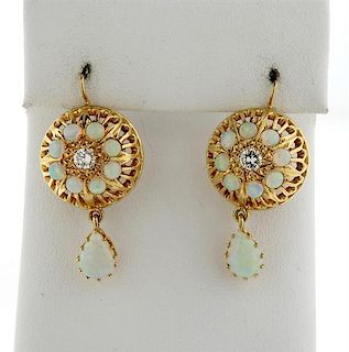 14k Gold Opal Diamond Drop Earrings