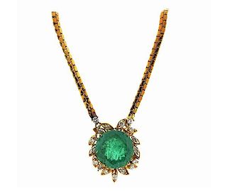 14K Gold Emerald Diamond Pendant Necklace