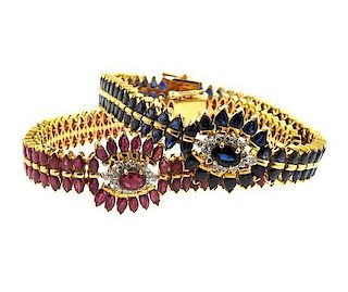 Vintage 18K Gold Diamond Ruby Sapphire Bracelet Lot of 2