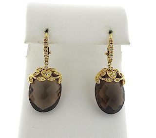 18K Gold Smoky Topaz Diamond Dangle Earrings