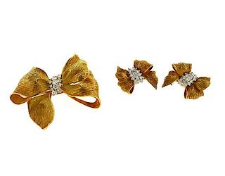18k Gold Diamond Bow Earrings Brooch Set