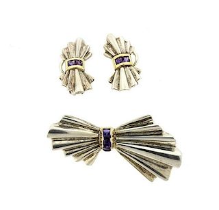 Tiffany &amp; Co Sterling 14k Gold Amethyst Bow Earrings Brooch Set