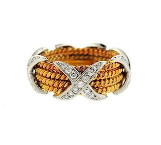 Tiffany &amp; Co Schlumberger 18k Gold Platinum Diamond 4 Row Ring