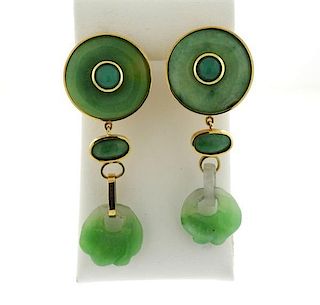Large Tony Douquette 18k Gold Carved Jade Earrings