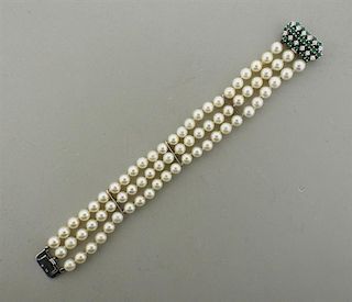 18K Gold Diamond Pearl Green Stone Bracelet