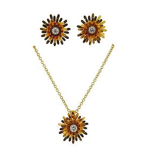 McTeigue 18k Gold Diamond Pendant Necklace Earrings Set