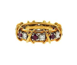 Tiffany &amp; Co Schlumberger 18K Gold Platinum Diamond Ruby Band Ring