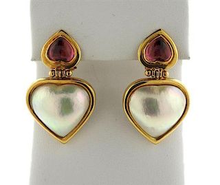 18K Gold Pearl Tourmaline Heart Earrings