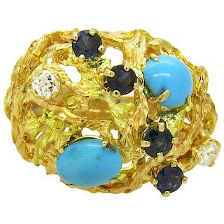 Turquoise Sapphire Diamond Gold Dome Ring