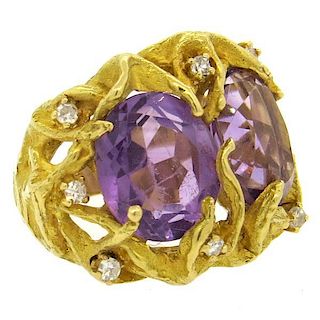 1970s Naturalistic Amethyst Diamond 18k Gold Free Form Ring