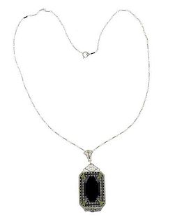 Art Deco 14k Gold Onyx Filigree Pendant Necklace