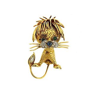 18K Gold Diamond Sapphire Emerald Lion Brooch Pin