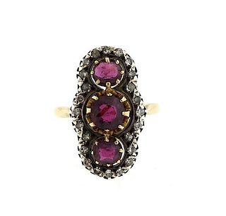 Antique 18k Gold Silver Red Stone Diamond Ring