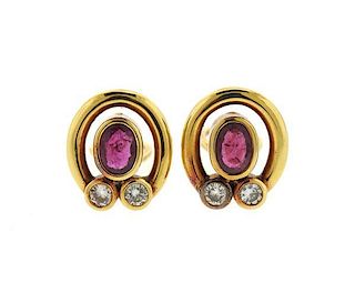18K Gold Diamond Red Stone Oval Earrings