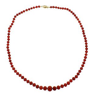 14k Gold Red Coral Graduated Bead Necklace