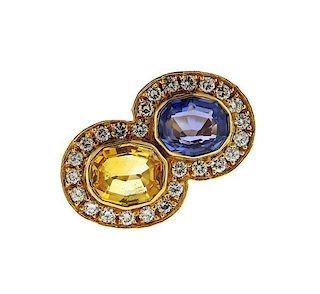 18k Gold Blue Yellow Sapphire Diamond Bypass Ring