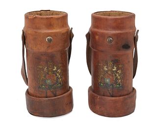 A pair of British Royal Navy leather shot buckets