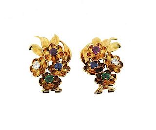 1940s 18k Gold Ruby Sapphire Emerald Diamond Flower Earrings