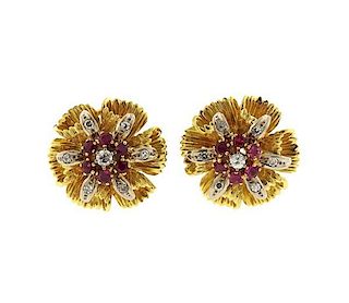 1960s 18k Gold Diamond Ruby Earrings