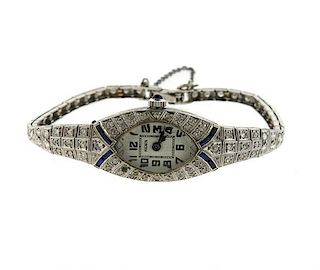 Mignon Art Deco Platinum Diamond Sapphire Watch