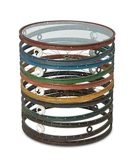 A Phillips Collection bicycle wheel spring side table