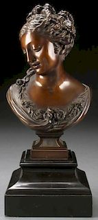 A FRENCH PATINATED BRONZE BUST OF A BEAUTIFUL