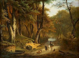 BELGIAN LANDSCAPE PAINTING WITH TRAVELERS