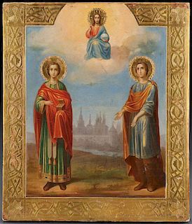 A RUSSIAN ICON OF CHRIST WITH TWO MARTYR SAINTS